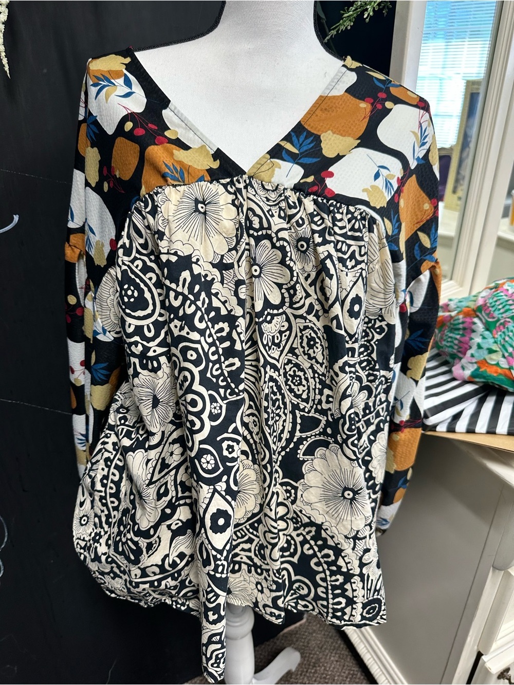 BUCKETLIST Mixed Print V-Neck Tunic in Black, Cream & Mustard